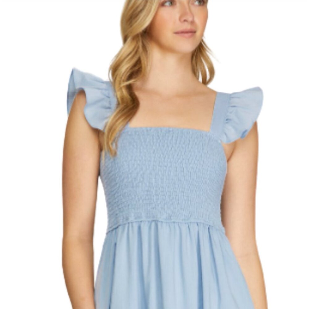 606 SHE+SKY Periwinkle Blue Ruffle Sleeve Smocked Tiered Midi Dress - Picture 2 of 2